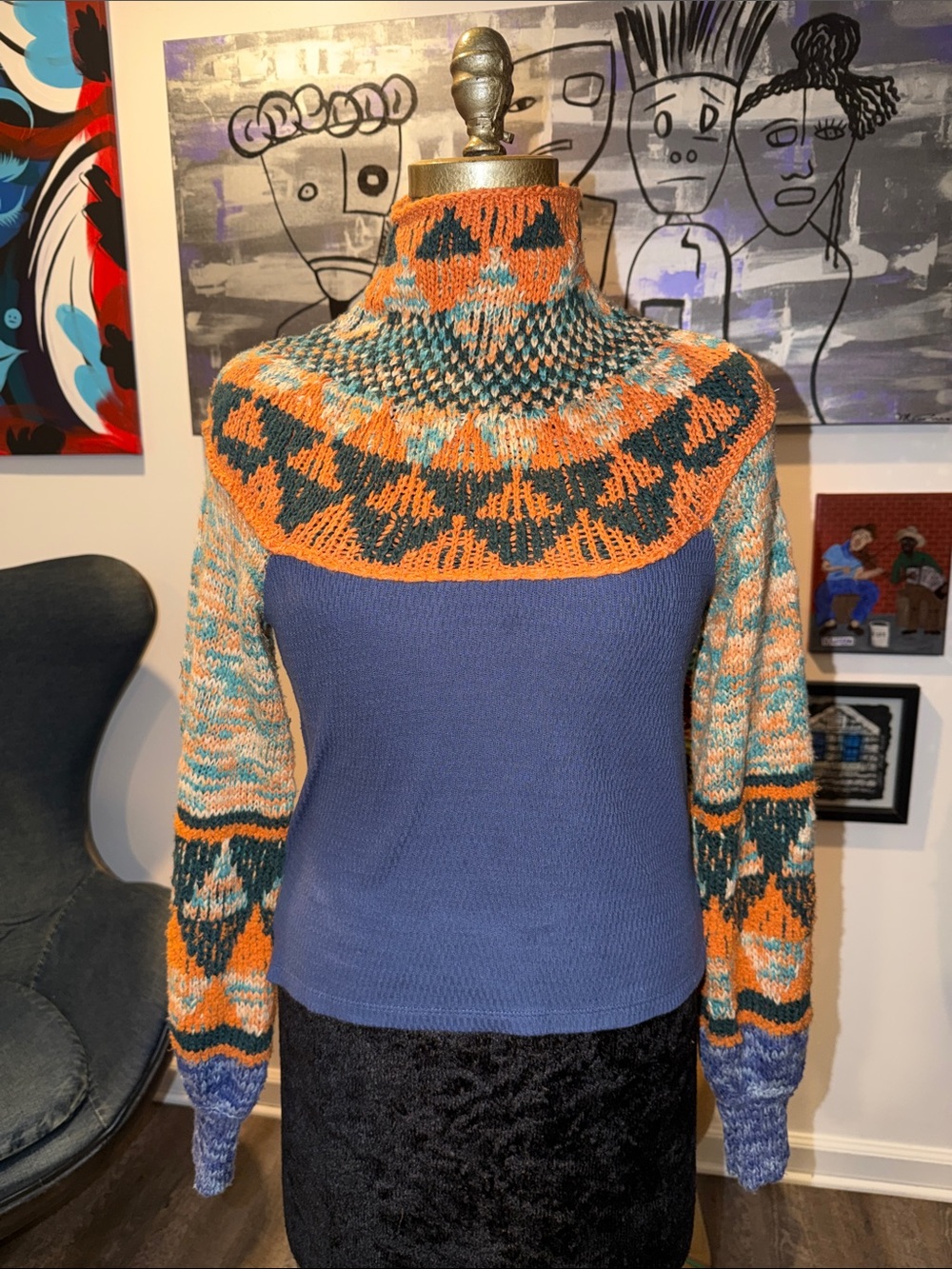 Free People Blue Turtleneck Sweater with Orange & Green Patterned Yoke